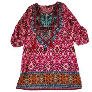 NLW Tunic Mini Dress Tribal Boho Shift Size Small Tasseled 3/4 Ruched Sleeves